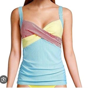 Lands' End Yellow and Pink Ribbed Seersucker Tankini Top